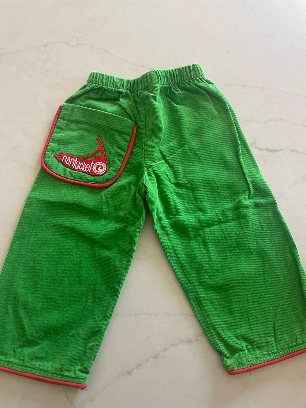 Nantucket Green Kids Corduroy Pants with Red Trim